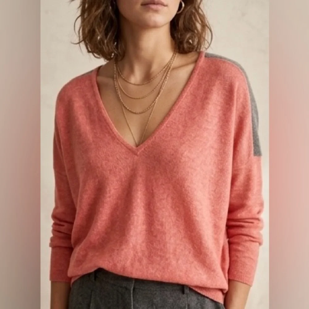 Lilla P‎ Woman's Coral Grey Modal Cotton V Neck Relaxed Fit Sweater Size XL